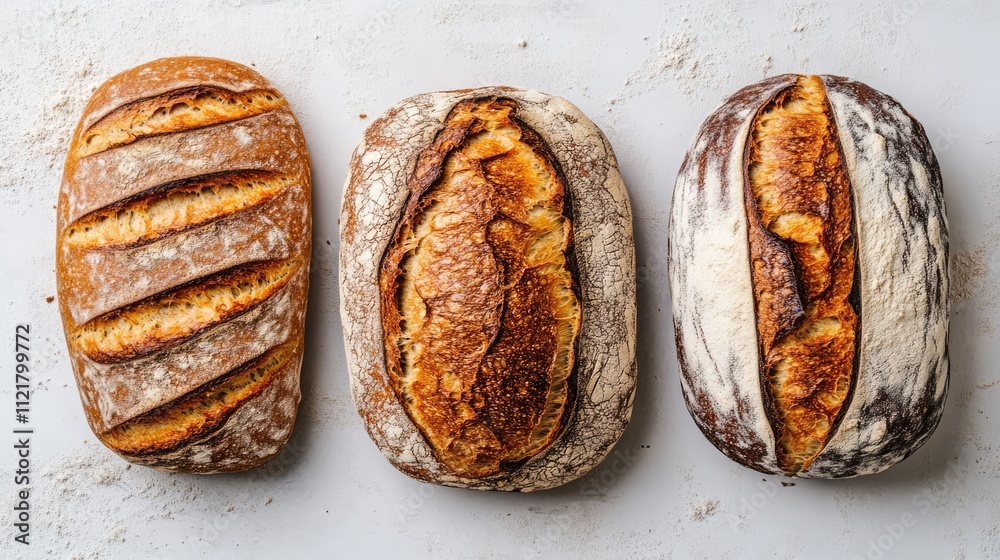 Poster artisan bread loaves arranged on a clean white background showcasing homemade quality and unique tex