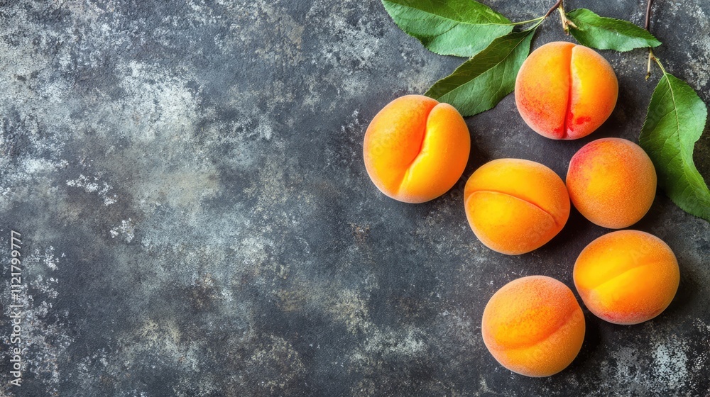 Poster Fresh and ripe apricots with green leaves on a rustic surface showcasing natural colors and textures in a studio setting