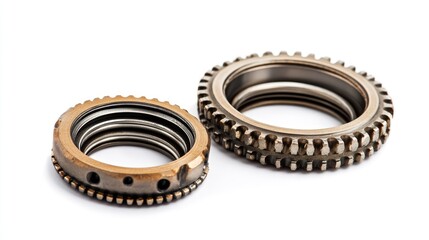 Three mechanical bearings isolated on a clean white background for industrial and engineering applications.