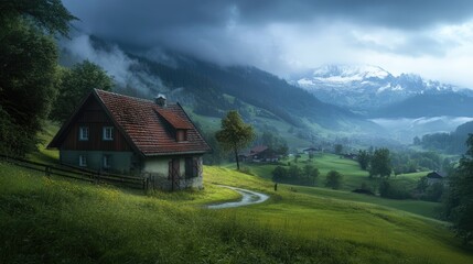 Obraz premium Scenic Swiss farmhouse surrounded by lush green hills and mountains under a dramatic cloudy sky in a tranquil rural landscape.