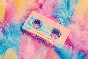 Colorful Feathers and Retro Cassette Tape Background with Bokeh Effect. AI generated illustration