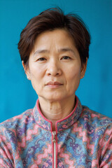 Portrait photo of a smiling middle-aged Asian woman wearing gorgeous traditional clothing.