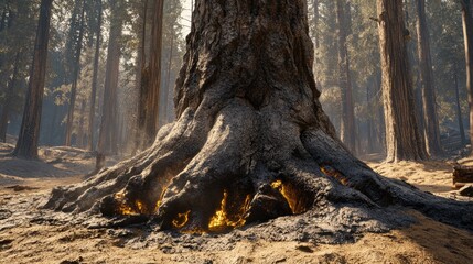 Obraz premium Burnt roots of a large tree in a forest showcasing the impact of fire on nature's resilience and landscape transformation