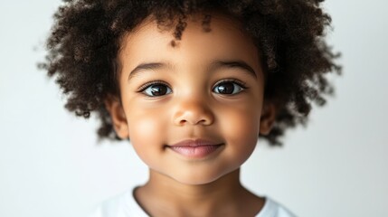 Adorable toddler boy with curly hair smiling against a white background showcasing innocence and charm in childhood portraiture