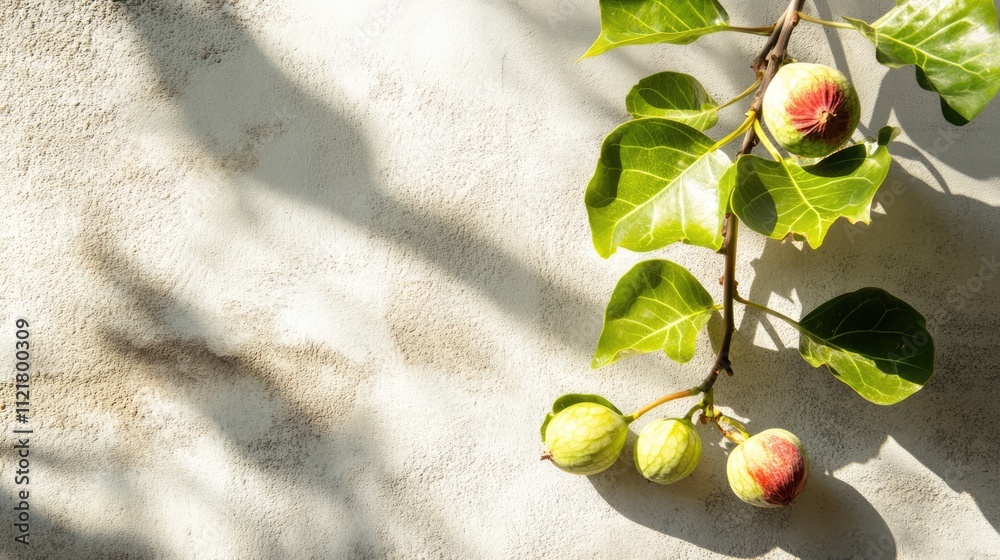 Poster climbing fig branch with leaves and fruits on concrete wall highlighted by sunlight and shadows
