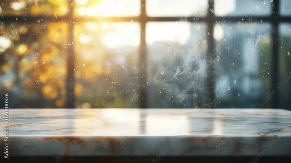 Poster marble tabletop with morning light and blurred window background capturing smoke and raindrops for p