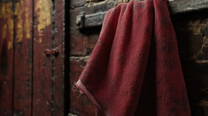 A worn red towel hanging against a rustic background showcasing texture and age in a nostalgic setting