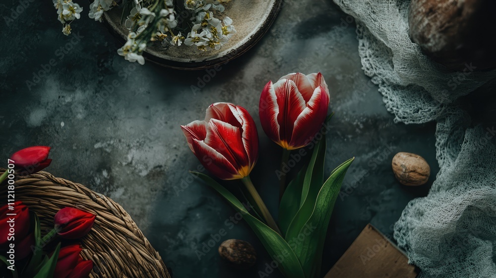 Poster top view of two red tulips surrounded by rustic decor and natural elements on a textured surface