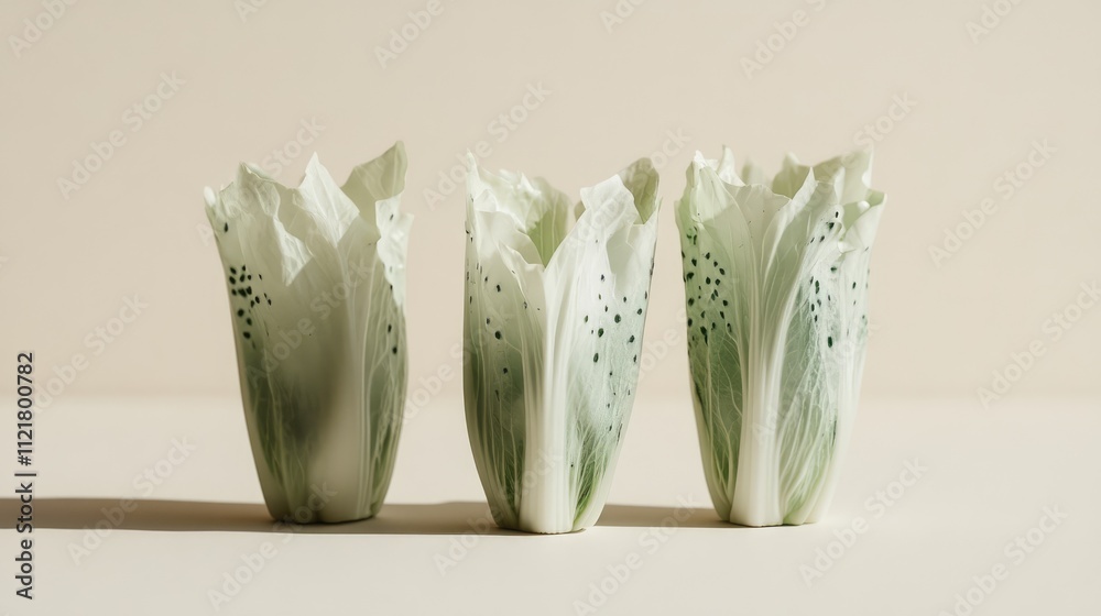 Poster three vibrant romaine lettuce heads elegantly arranged on a simple background showcasing their fresh