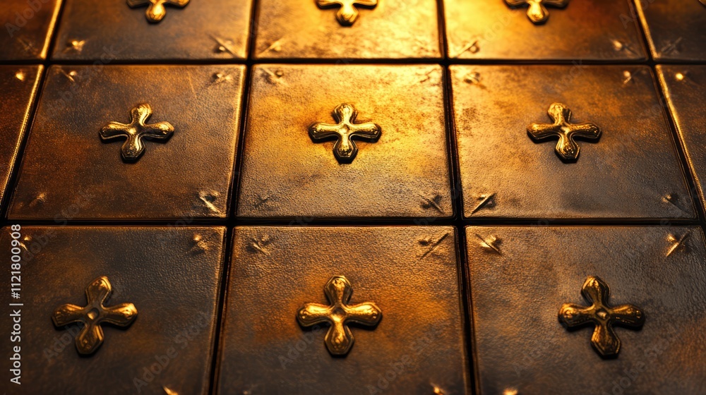 Aufkleber Elegant tiled surface showcasing intricate golden seams and cross patterns in a warm illuminated setting. Ideal for architectural design themes.