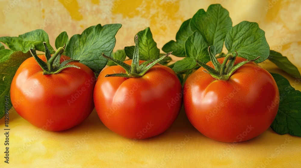 Poster three ripe tomatoes with vibrant green leaves on a bright yellow background captured from an overhea