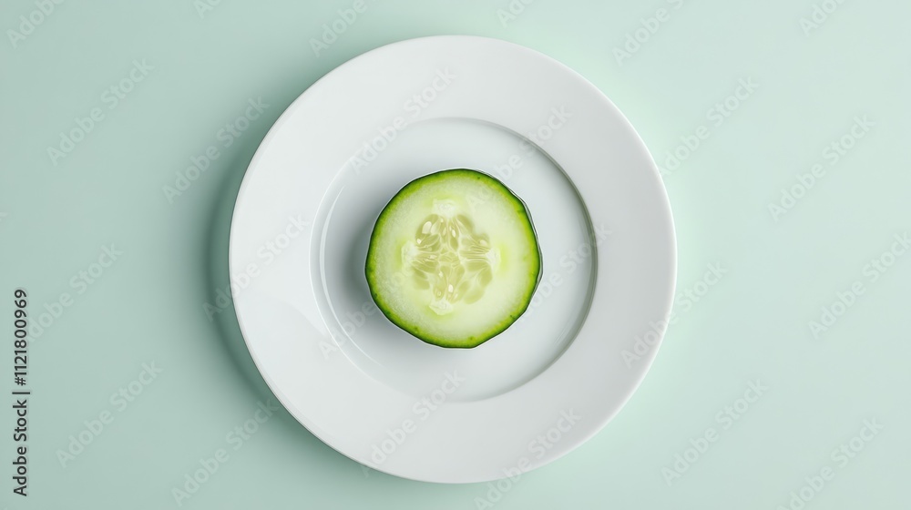 Poster fresh cucumber slice on a white plate against a light background highlighting its vibrant green colo