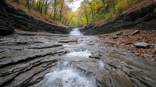 Rushing stream flows over rocky bed surrounded by autumn foliage creating a serene natural landscape in a peaceful woodland setting - Powered by Adobe