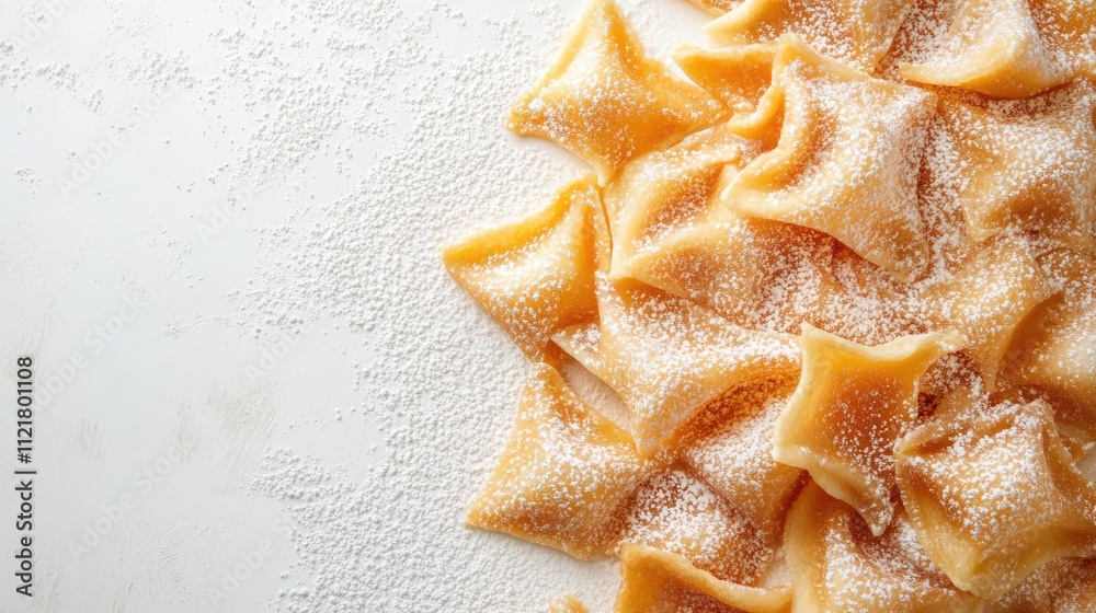 Poster homemade traditional carnival chiacchiere sweet treats on a white background with powdered sugar and
