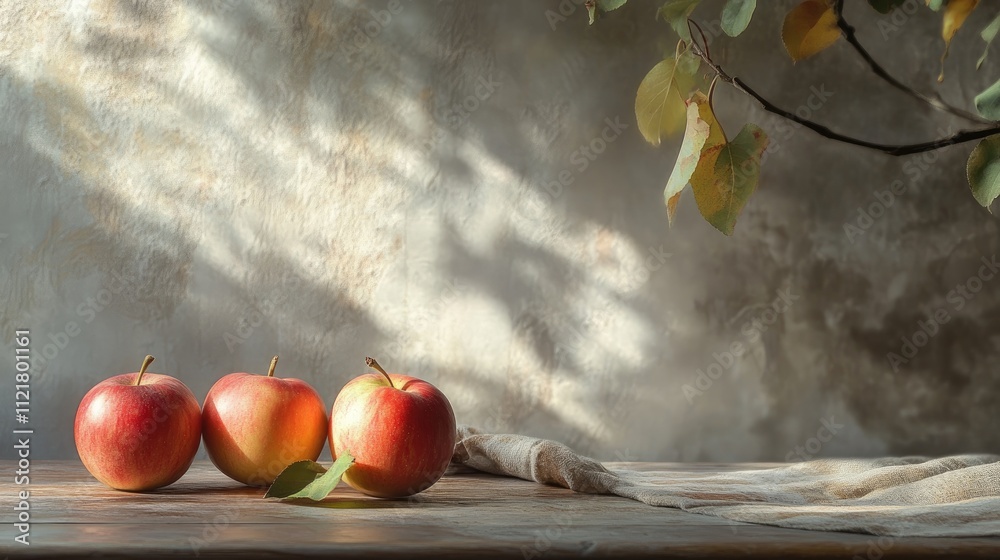 Aufkleber three red apples on a rustic kitchen table with autumn leaves and soft natural light creating a cozy