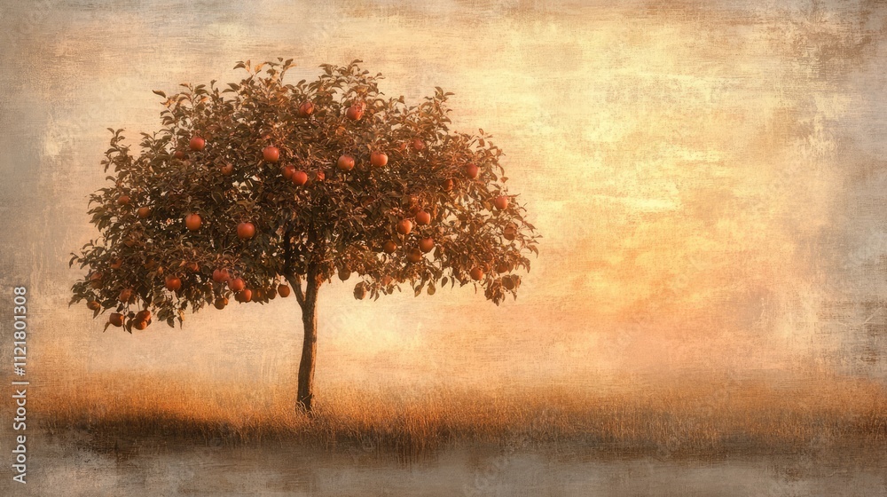 Poster Serene sunset view of a solitary apple tree in a golden field surrounded by warm light and soft textures creating an idyllic outdoor scene
