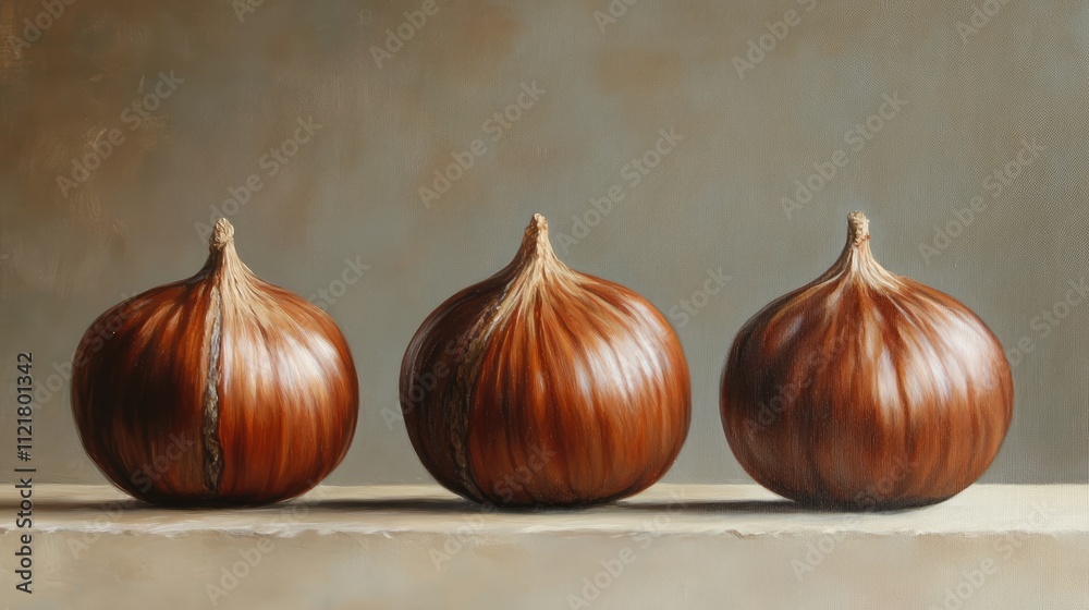 Poster three ripe chestnuts displayed on a neutral background with textured surface for culinary and season