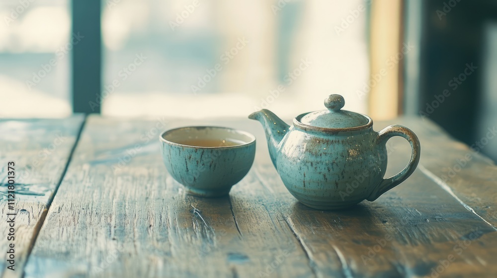 Poster Ceramic teapot and matching tea cup set on rustic wooden table with soft natural light highlighting the serene atmosphere