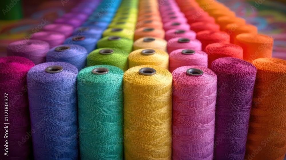 Poster Colorful spools of thread arranged in a row with a sewing needle in the background showcasing vibrant textile creativity and craftsmanship.