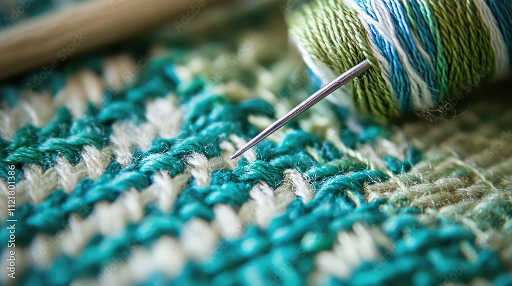 Poster macro view of a sewing needle and colorful threads on woven fabric showcasing intricate details of s