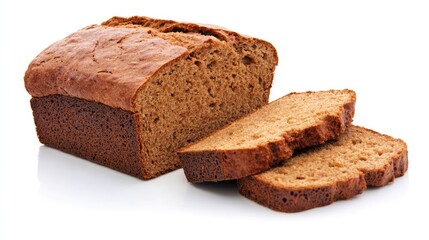 Wholemeal bread loaf sliced fresh on a white background showcasing its texture and color ideal for health food promotions and culinary designs