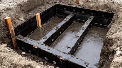 Steel temporary shuttering used in concrete formwork for street asphalt repair and water supply system installation in construction site.