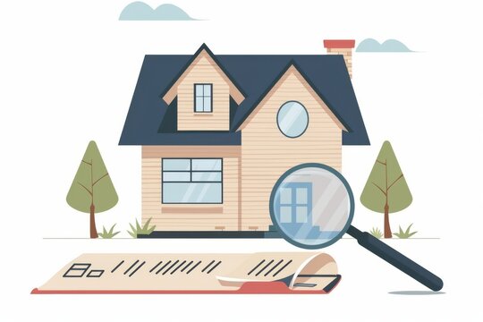 Cartoon Style Illustration of a Cozy House with a Magnifying Glass on Paper, Ideal for Real Estate, Home Inspection, or Property Assessment Themes