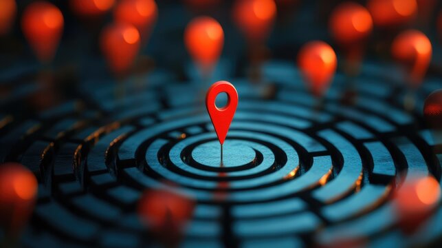 Customer journey mapping with red location pins in a maze representing targeted marketing strategies and customer relationship development.