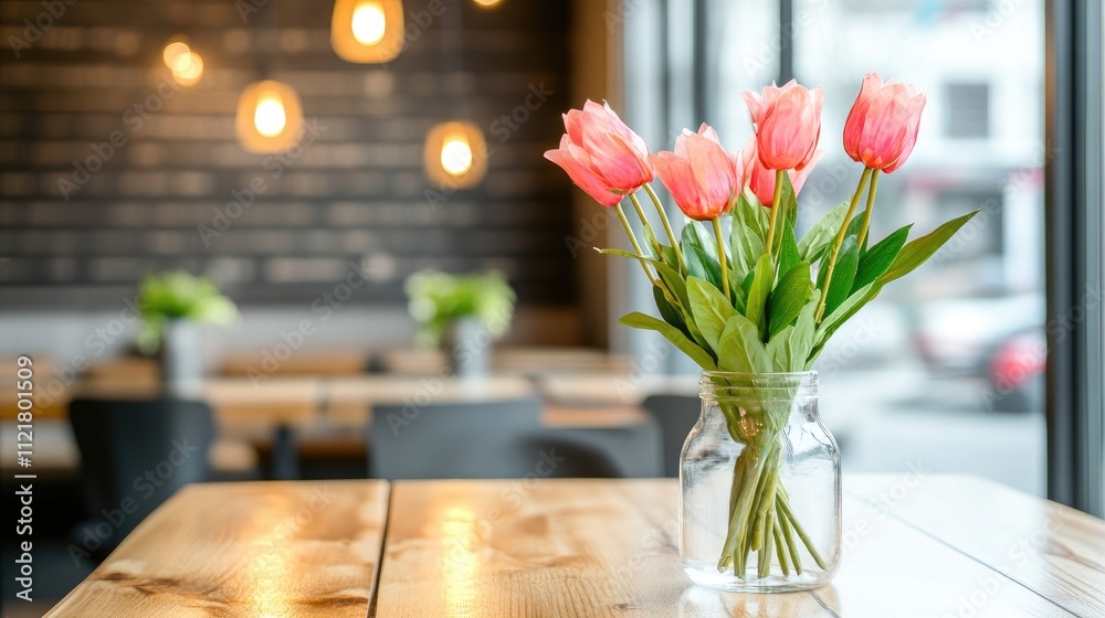 Poster artificial pink tulips in glass vase on wooden table in modern cafe setting with bright window light