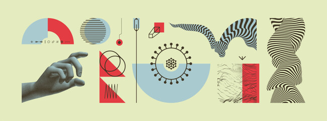 Hand selects with index finger a graphic object from a set. Pattern with optical illusion. Wavy dotted background. Applicable for poster, banner, cover, brochure or presrntation. 3D vector.