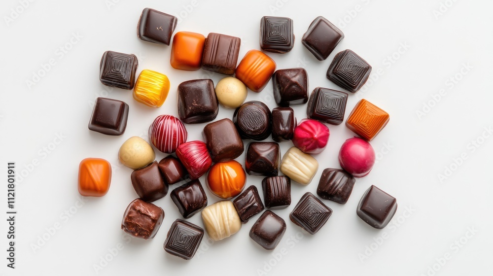 Poster assorted gourmet chocolate candies elegantly arranged on a white background for a tempting visual ap