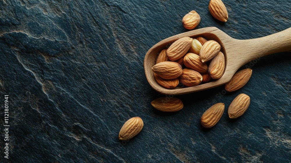 Aufkleber almonds in a wooden scoop on dark stone surface with scattered almonds creating a natural food backg