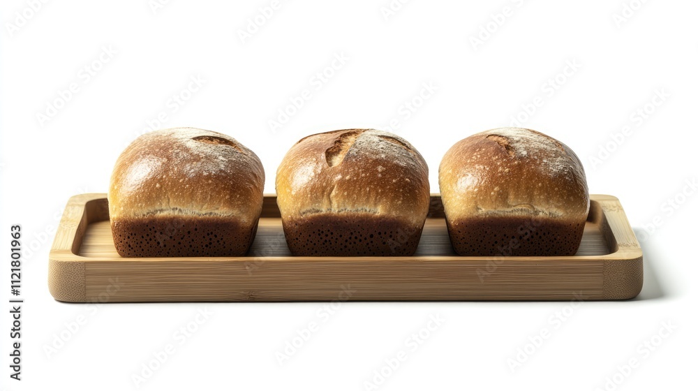 Poster three freshly baked loaves of bread arranged neatly on a bamboo tray isolated on a clean white backg