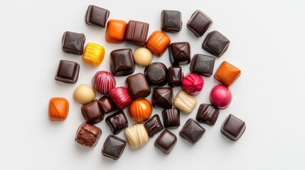 Assorted gourmet chocolate candies elegantly arranged on a white background for a tempting visual appeal.