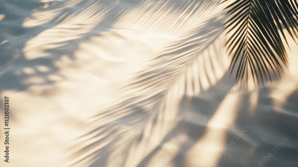 Poster Top view of sand texture with palm tree shadows creating a serene summer vacation holiday atmosphere for travel related concepts