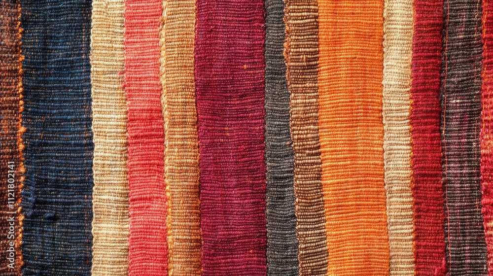 Poster Striped hand woven fabric texture in warm tones top view background for textile and design projects