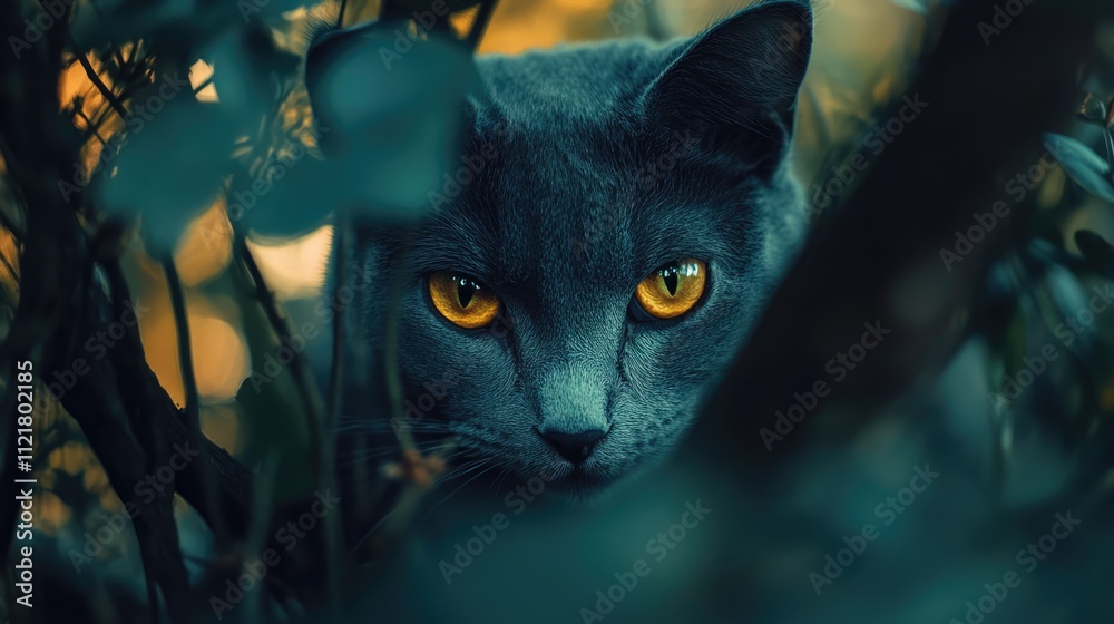 Poster gray cat with striking yellow eyes peering through foliage creating an enigmatic and captivating atm