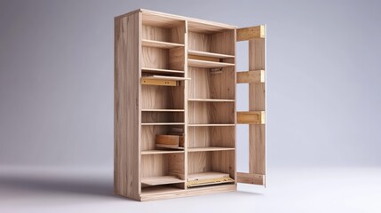 Flat pack furniture assembly showcasing an unfinished wooden bookcase with compartments and doors open ready for organization and storage