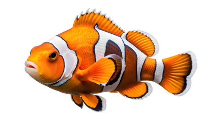 A fish with orange and white stripes swims in a tank