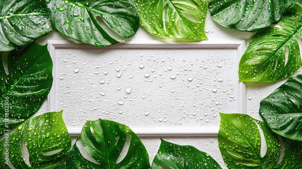 Poster tropical monstera leaves with dew drops around a blank white frame on a minimalistic background for 