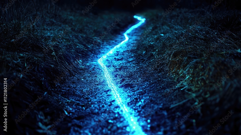 Poster illuminated blue path guiding through darkness in a mysterious outdoor setting at night