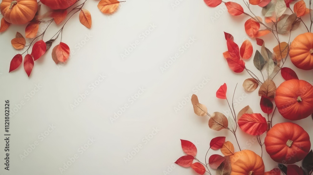 Poster thanksgiving themed mockup featuring pumpkins and autumn leaves against a white background with ampl
