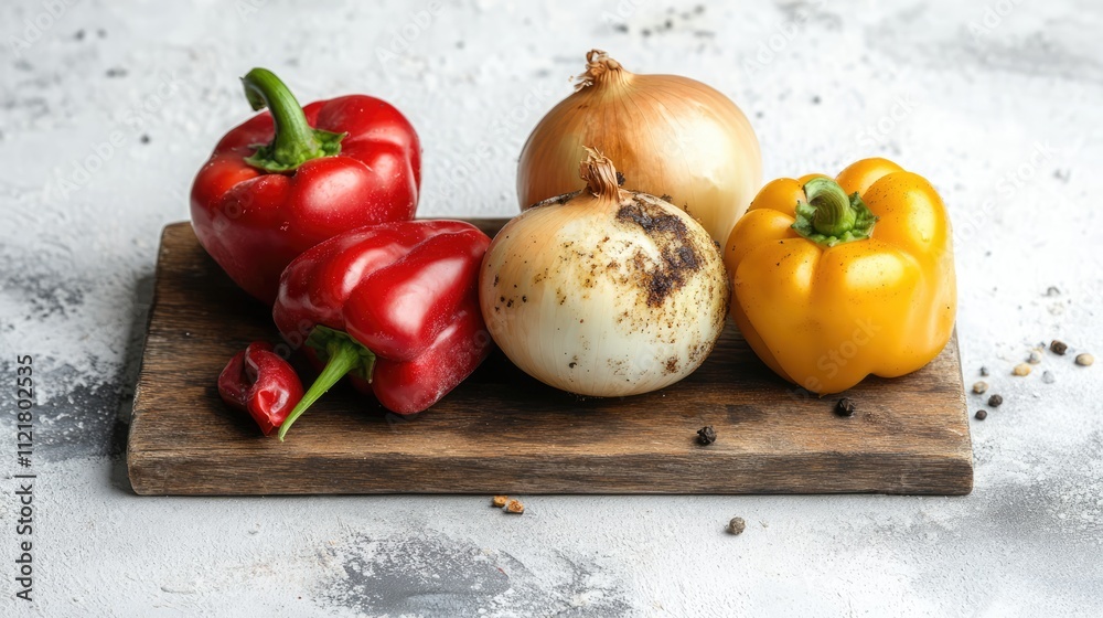 Aufkleber spoiled onions and bell peppers on a wooden board showcasing moldy vegetables against a gray backgro