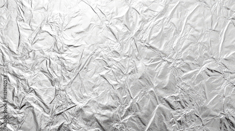 Poster textured background of crumpled silver foil insulation material reflecting light in abstract design 