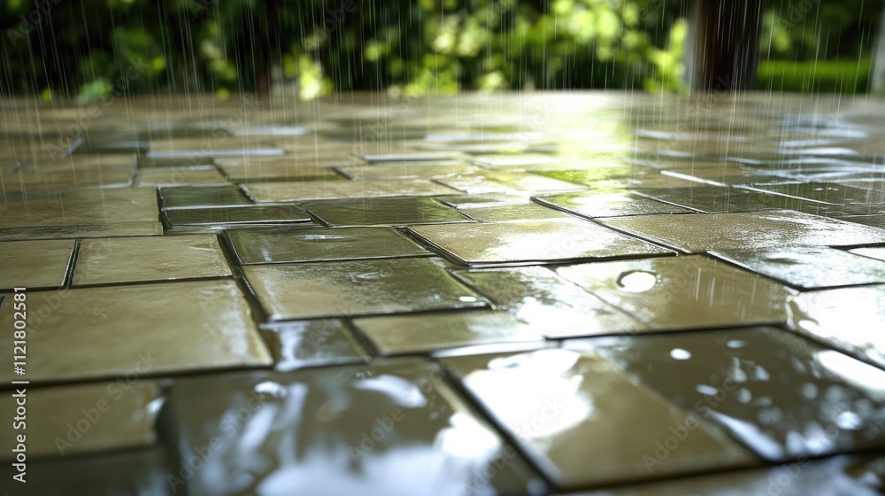 Aufkleber raindrops on glossy tiles creating reflective patterns in a serene outdoor setting during a rainy da