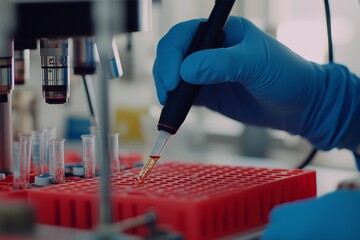 Obraz premium A close-up shot of hands in blue gloves holding an e-motoped-sized long test tube, sitting on top of a red table with a metal tray and a black plate. The scene is set inside the laboratory