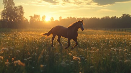 Silhouetted trotting horse in a sunlit meadow during sunset with flowers and trees in the background capturing a serene rural landscape