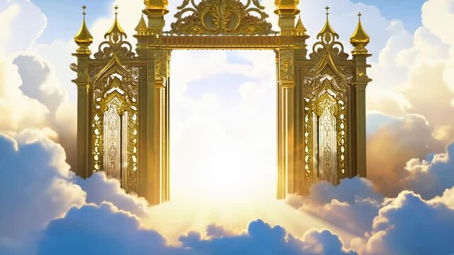 Open golden gates of Paradise against white clouds. Entrance to the afterlife for the righteous. Golden gates shine brightly, welcoming the righteous to their eternal home.