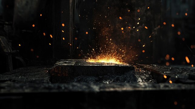Thermit Welding Sparks Erupting in Dimly Lit Workshop Atmosphere with Glowing Molten Metal and Flying Sparks