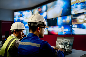 Two CCTV officers are monitoring traffic in the area via multiple monitors in the control room.